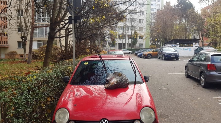 Se întâmplă în Cluj Napoca. S-a trezit cu o pungă de gunoi pe capotă, după ce a parcat pe marginea unei alei
