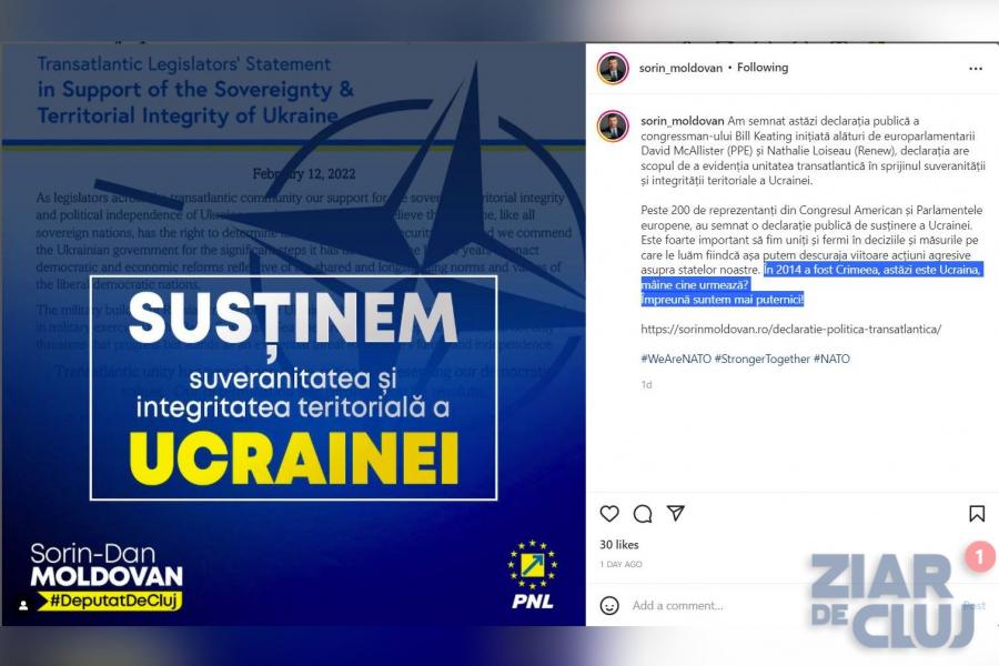 Deputatul de Cluj Sorin Moldovan își ia foarte în serios, pe Instagram, funcțiile parlamentare: „În 2014 a fost Crimeea, astăzi este Ucraina, mâine cine urmează?”