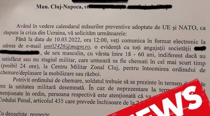 Ordine de mobilizare false la Cluj. Precizările MAPN