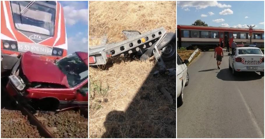 (Foto/Video) Groază pe calea ferată. Camion blocat pe șine, în Cluj. Mașină strivită de tren în Satu Mare