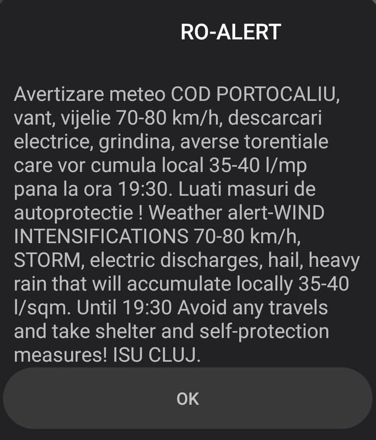 RO-ALERT. Cod Portocaliu de furtună în Cluj Napoca. ISU Cluj: „Luati masuri de autoprotectie!” 1