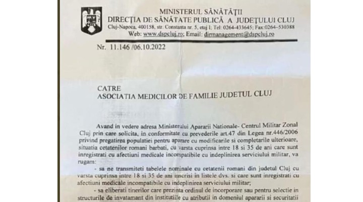 Document DSP Cluj. Reacția MApN la zvonurile privind mobilizarea rezerviștilor, după o adresă a DSP Cluj. „În spațiul online circulă documentul din imagine”