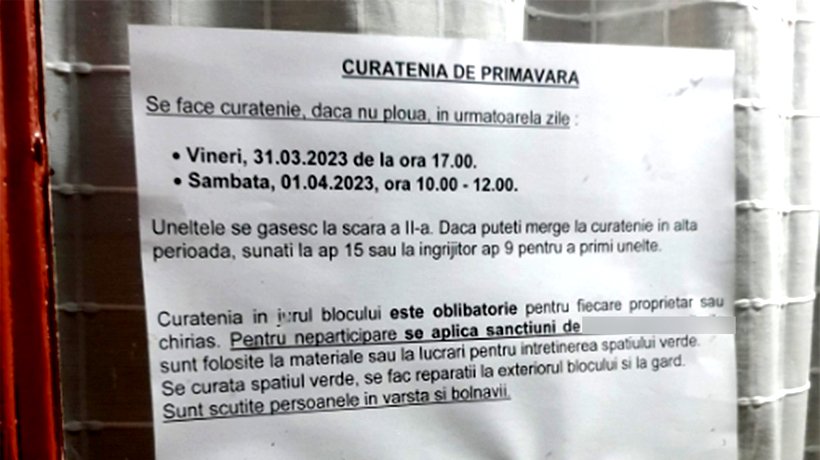 Anunțul controversat al unei asociații de locatari din Cluj Napoca: „Curățenia în jurul blocului este obligatorie. Pentru neparticipare se aplică sancțiuni de 40 lei/ap.” 1