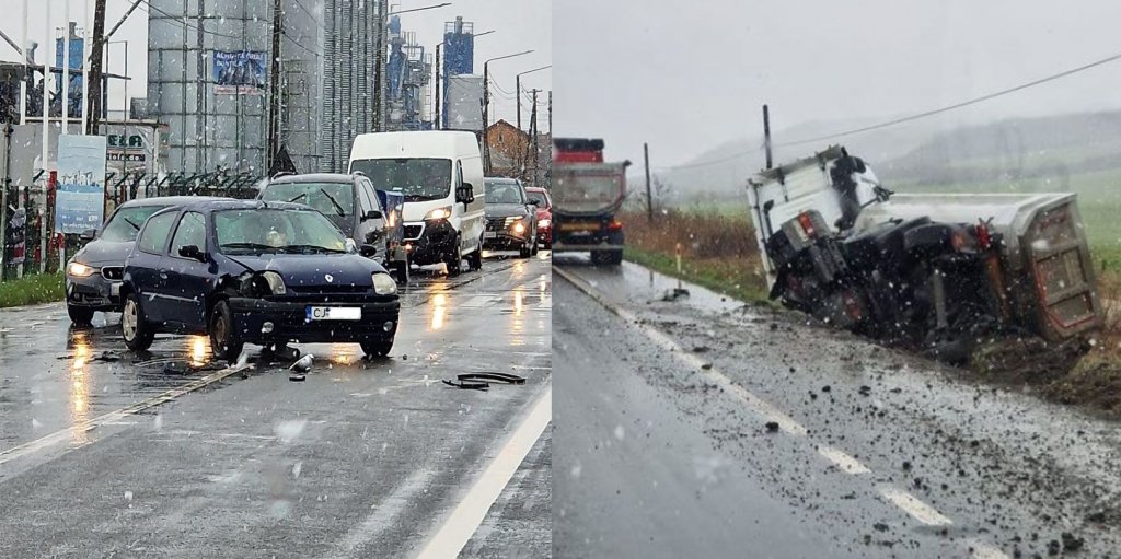 ACCIDENTE în lanț pe Cluj - Gherla. Tamponare în Bonțida și camion răsturnat în șanț