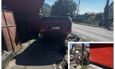 Accident teribil în Cluj: Un șofer a făcut praf mașina, s-a răsturnat în Poieni - FOTO