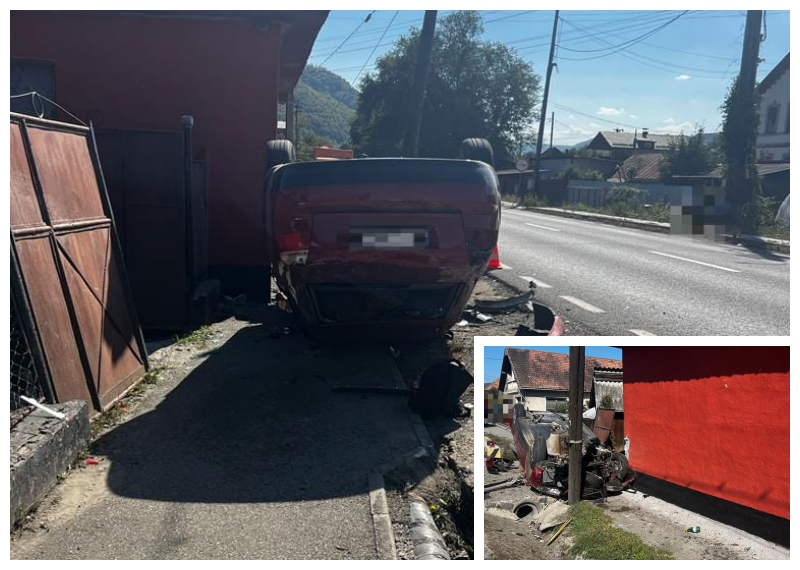 Accident teribil în Cluj: Un șofer a făcut praf mașina, s-a răsturnat în Poieni - FOTO