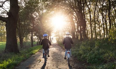 Copii pe bicicletă purtând cască de protecție. Foto: Pixabay