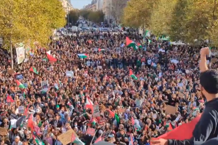 Mii de demonstranţi cu drapele palestiniene s-au adunat duminică la prima manifestaţie pro-palestiniană autorizată la Paris după atacul din 7 octombrie al grupării islamiste Hamas împotriva Israelului/ Foto: captură ecran video @FonsiLoaiza - Twitter