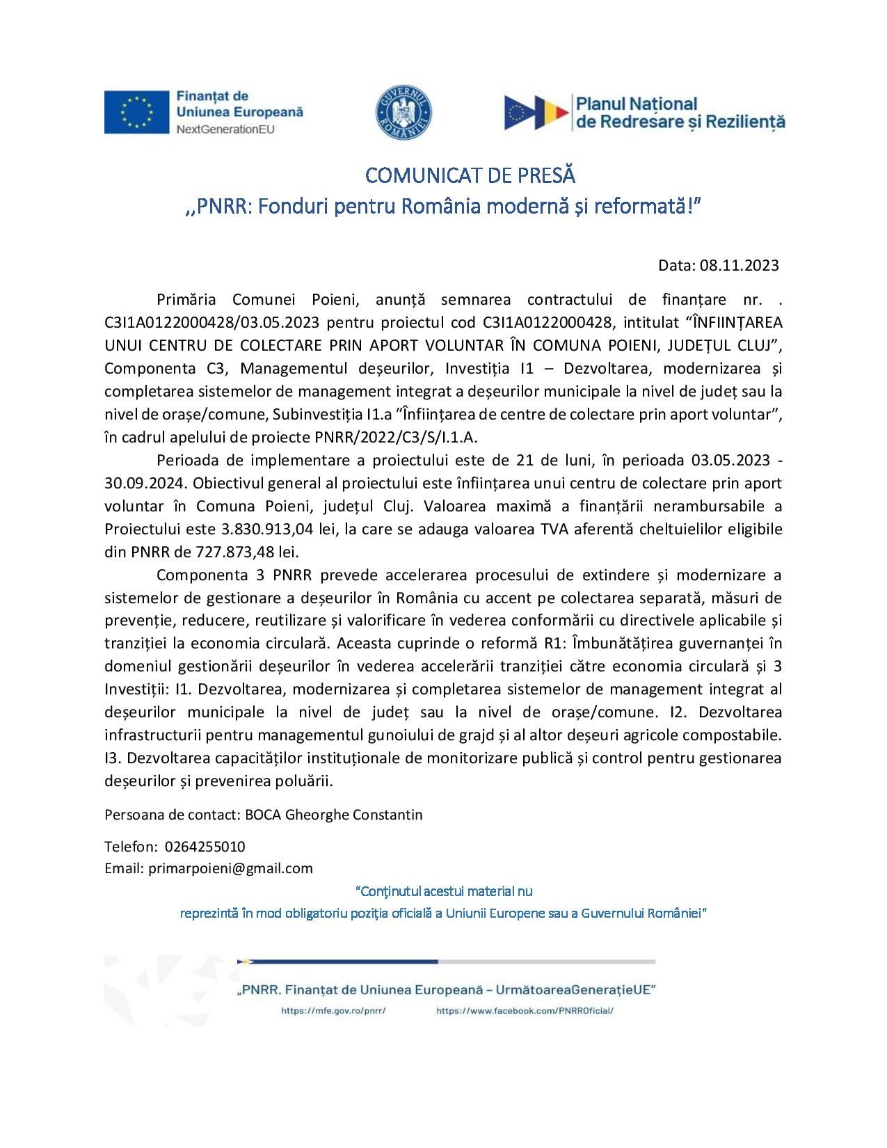 Primăria Poieni - COMUNICAT DE PRESĂ ,,PNRR: Fonduri pentru România modernă și reformată!″