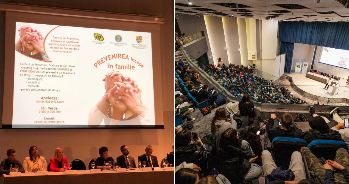 Sute de elevi, prezenți la o conferință despre efectele consumului de droguri / Foto 1: monitorulcj.ro, Foto 2: CJ Cluj - Facebook